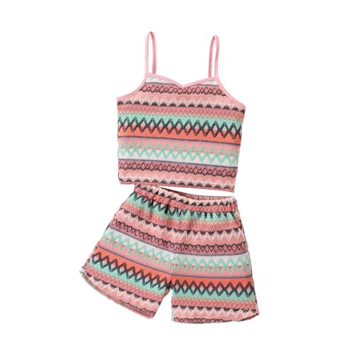 Image of Kids Toddler Girls Summer Clothes Button Design Striped Tank Top + Floral-Print Elastic Shorts 2 Piece Outfits