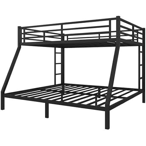 Queen Over King Bunk Bed for Adults, Teens, Queen Over King Bunk Beds with 2 Ladder and Full Length Guardrail, Heavy Buty Bunk Beds with Noise-Reducing Rubber Stoppers, Black