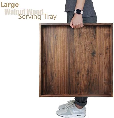 MAGIGO 19 x 19 Inches Large Square Black Walnut Wood Ottoman Tray with Handles, Serve Tea, Coffee Classic Wooden Decorative Serving Tray