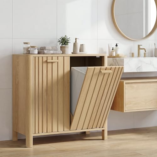 Wooden Laundry Hamper Cabinet Natural Oak Storage Unit
