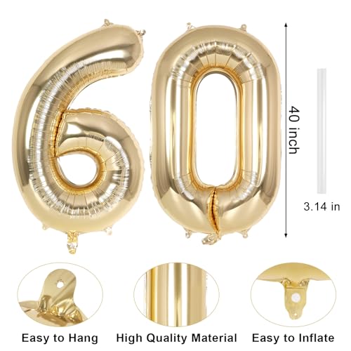 Image of Champagne Gold Large Number 60 Balloon, 40 Inch Light Gold Foil Helium Number Balloons, Giant Mylar Number 60 Balloons for 60 Years Old Birthday Party Anniversary Decorations (Champagne Gold 60)
