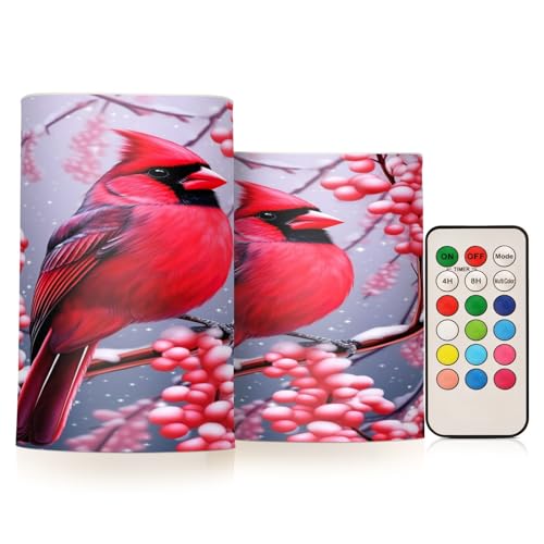 Kigai Snow Cardinal Flameless Candles with Remote Control and Timer,Battery Operated LED Pillar Candles Adjustable Brightness for Ourdoor Indoor Use,Home Decor,2 Pack