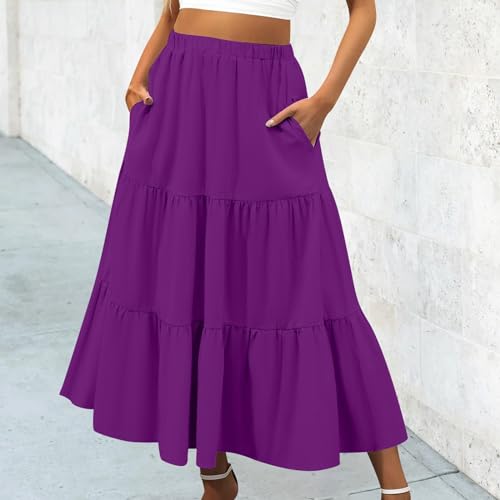 Summer Maxi Skirt for Women Boho Lightweight Flowy Tiered Long Beach Skirts with Pockets, Purple, Large2