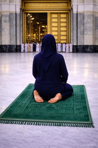 Image of Janamaz Prayer Mat Turkey Soft Velvet | Namaz Mat, Janimaz Namaz Aasan, Islamic Prayer Rug for Salah | 70x110 CM (Printed Dark Green)