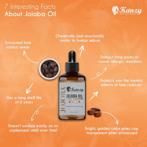 Kanzy Olej Jojoba Tłoczony na Zimno 100% Czysty 50 ml, Nierafinowany Olej Nośnikowy Bez Heksanu, Do Włosów, Paznokci, Ciała, Skóry i Twarzy, Naturalny Olejek do Masażu