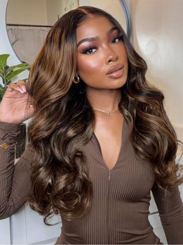 Image of Beauty Forever 7x5 Bye Bye Knots 2.0 Balayage Brown Highlight 3D Body Wave Lace Front Wig Put on and Go Glueless Drawstring Wigs with Pre-Bleached Pre Plucked Pre Cut HD Lace Wig 150% Density 22 Inch