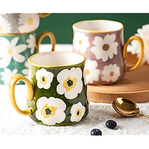 Ceramic Coffee Mug Set of 4 16 Oz Porcelain Tea Cups with Flower Pattern Hand Made Floral Ceramic Mugs for Latte Cappuccino Best Gifts for Christmas Mothers Day Dishwasher Microwave Safe