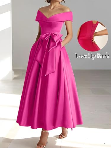Womens Off The Shoulder Satin Mother of The Bride Dresses for Wedding with Bow Tea Length Formal Evening Gown2