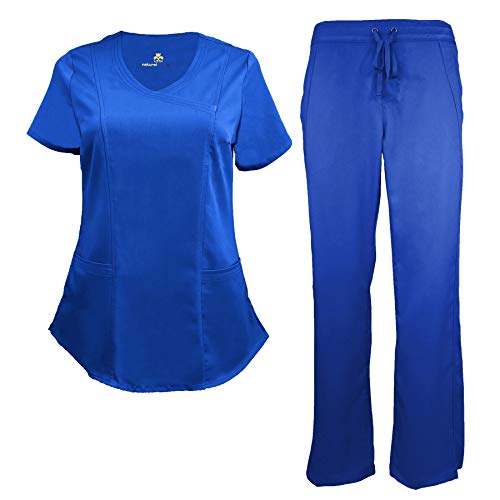 Natural Uniforms Women's Ultra Soft Modern Fit Mock Wrap Work Uniform Top and Pant Set (True Royal Blue, X-Large)