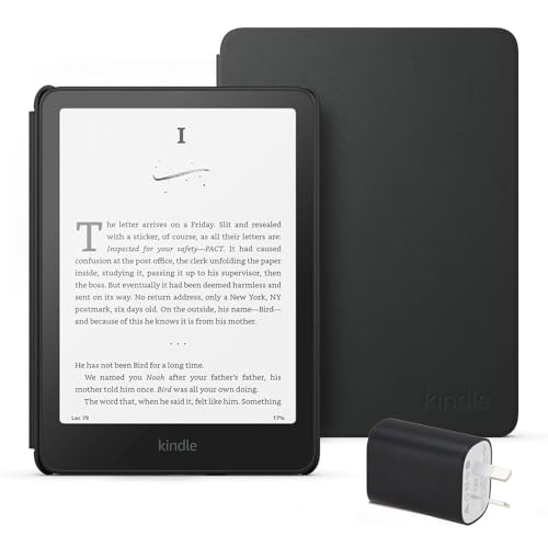 Kindle Paperwhite Essentials Bundle including Kindle Paperwhite (16GB) - Black, Plant-based Leather Cover - Black, and Power Adaptor