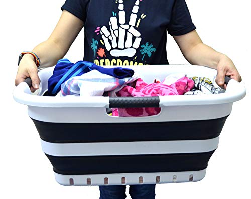 Image of SAMMART Collapsible Plastic Laundry Basket - Foldable Pop Up Storage Container /Organizer - Space Saving Hamper /Basket (3 Handled Rectangular, Black)