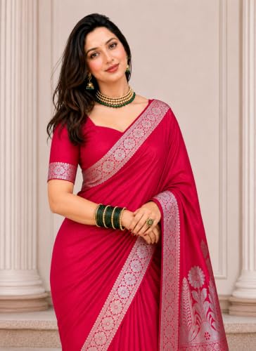Image of Women's Glory Banarasi Satin Kanjivaram Saree Silver Zari Border Pure Soft Blend Silk Sari Kanchipuram Paithani Silk Party Wedding Festive New Ladies Sadi with Unstiched Blouse Piece.
