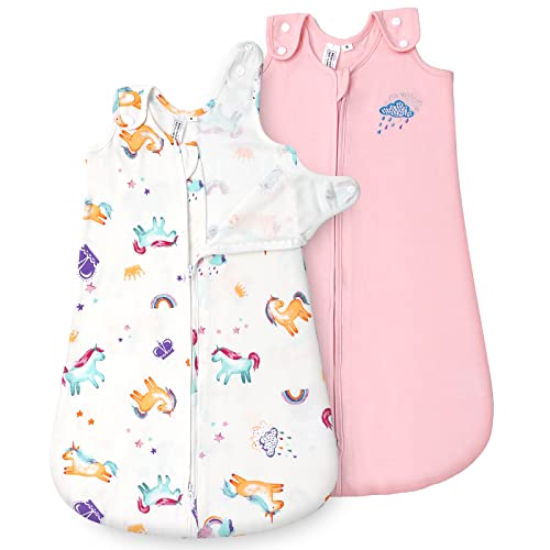Image of TILLYOU Cotton Sleep Sack 2 Pack - TOG 1 Baby Wearable Blanket with 2-Way Zipper, Extra Soft Sleeveless Sleeping Bag for Infants, 0-6 Months, Unicorn & Pink