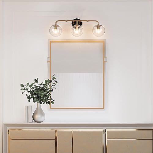 Image of classy leaves Black Gold Bathroom Light Fixtures, 3-Light Vanity Lights for Bathroom with Seeded Glass Globes, Modern Bathroom Vanity Light Fixtures Over Mirror