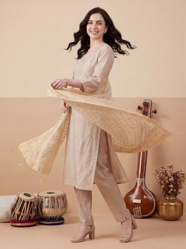Image of INDO ERA Women's Silk Blend Paisley Embroidered Zari Work Kurta & Pant with Dupatta Set (IEBBAI389)