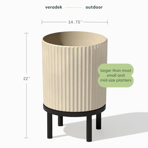 Image of Veradek Demi Series Round Planter w / Stand for Porch /Patio | Durable Plastic-Concrete & Wooden Stand | Modern Decor for Tall Plants, Flowers