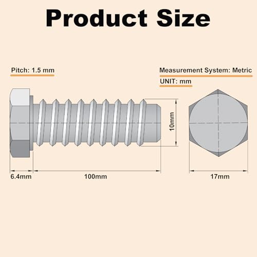 Image of 7PCS M10 Hex Bolts M10x100mm Hex Head Bolts Stainless Steel 304 M10-1.5 Hex Bolt Fully Threaded Hex Tap Bolts Metric Hexagon Head Screw Machine Bolts Right Hand External Hex Drive