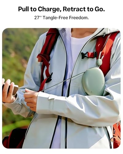 Image of TORRAS FlexLine Pebble Power Bank, 35W Fast Charging, Built-in 27in Retractable USB-C Cable, 10000mAh Portable Charger, FCC & CCC, Airplane Safe, for iPhone 17 /16 /15, Android, iPad, MacBook, Green