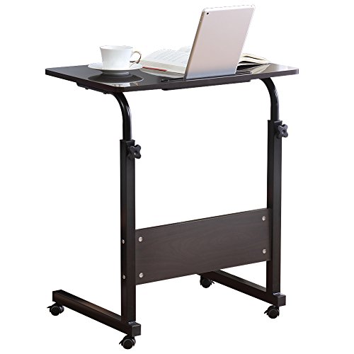 Height Adjustable Wooden Laptop Table Computer Standing Desk with Tablet iPad Slot Mobile Workstation with Wheels (Black)
