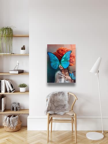 Glass Wall Art Women And Butterfly Themed Wall Decor Home Living Room Entryway Bedroom Decoration Vivid Color, Uv Printed Durable And Tempered Glass With Size Options ((70X100Cm)28X40 Inches) #TOP1