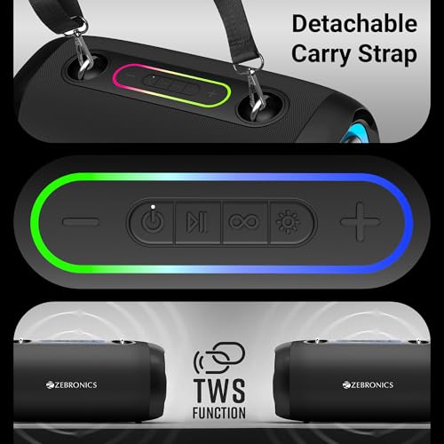 Image of ZEBRONICS Sound Feast 85, Portable Bluetooth Speaker, 30 Watts, Upto 7 Hours Playback, Dual Passive Radiator, BTv5.3 | TWS | USB, RGB LED, Call Function, Carry Strap, Deep Bass (Black)