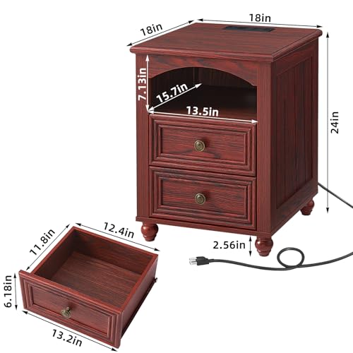 18" Farmhouse Night Stand Set 2 with Charger Station, RedOak 2 & 3 Drawers Wood Nightstand, Bedside End Table with Storage and Roman Column, Bed Side Tables Cabinet for Bedroom Living Room and Closet