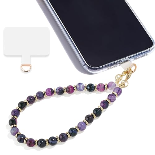 Image of Marble Beaded Phone Wrist Strap,Detachable Phone Bracelet Strap with Tether Tab,Hands-Free Wristlet Strap (Purple Peacock Agate)