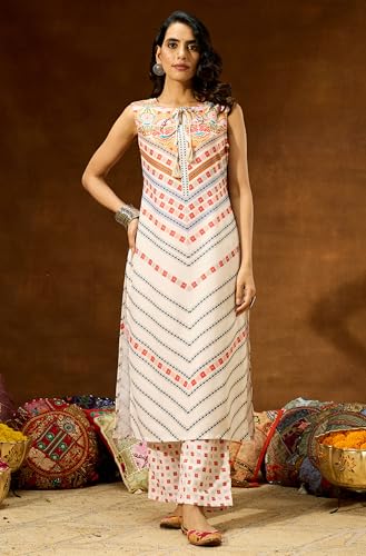 Image of Janasya Women's Cream Cotton Blend Floral Printed Straight Co-ord Set