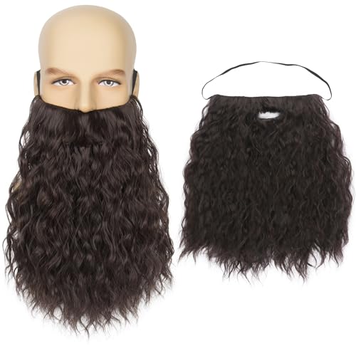 Koonfan Brown Viking Fake Beard with Elastic Band Long Wizard Costume Facial Hair for Men Party Cosplay Halloween