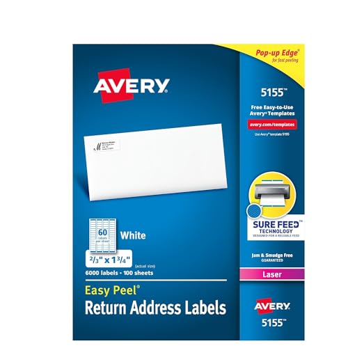 Avery 5155 Easy Peel Mailing Address Labels, Laser, 2/3 x 1 3/4, White, 6000/Pack