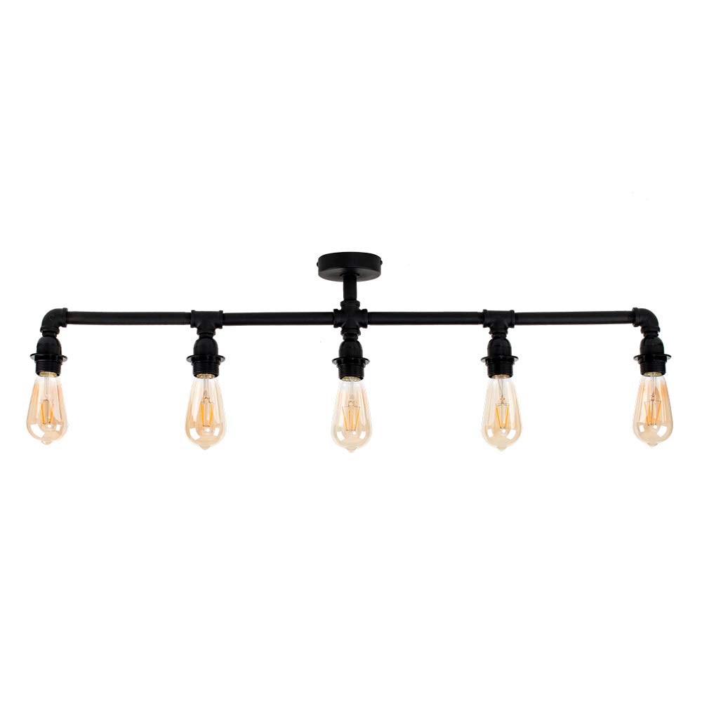 MiniSun Industrial Steampunk Style 5 Way Satin Black Pipework Bar Ceiling Light - Complete with 4w LED Filament Bulbs [2700K Warm White]