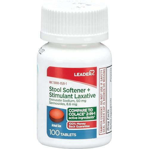 Leader 2-in-1 Stool Softener & Stimulant Laxative Docusate Sodium 50mg Sennosides 8.6 mg Gentle Occasional Constipation Relief for Adults Both Men & Women & Children Ages 6+ 100 Tablets