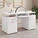 White and Gold Nail Desk for Nail Tech, Manicure Table with 2 Drawers and Cabinet, 55 Inch Nail Table with Movable Shelf, Manicure Table Nail Station