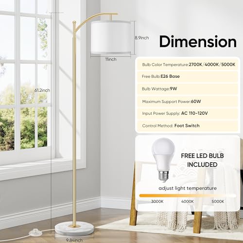 Image of ROTTOGOON Gold Floor Lamp for Living Room with Marble Base, Modern Standing Lamp with 3 Color Temperatures Bulb & Adjustable Linen Shade, Tall Lamp for Bedroom Office Reading Nursery
