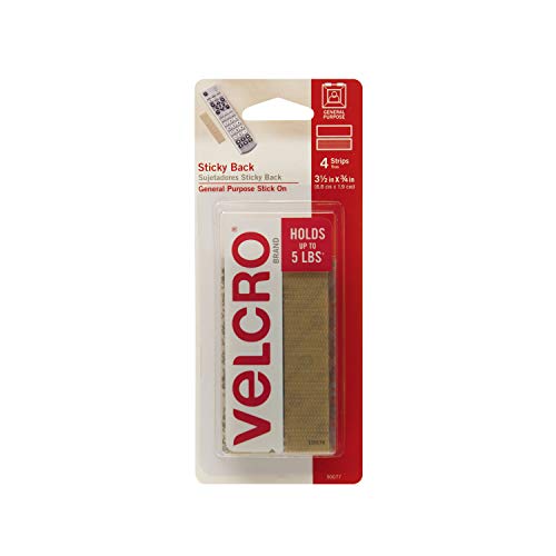 VELCRO Brand - Sticky Back Hook and Loop Fasteners | Perfect for Home or Office | 3 1/2in x 3/4in Strips | Pack of 4 | Beige