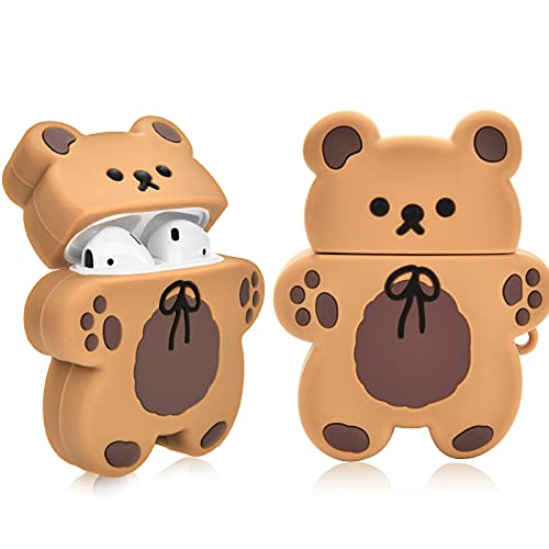 Cute Airpods Cases With Bear Keychain Cartoon Biscuit Bear Design Full Protective Silicone Cover Compatiable With Airpod 2&1 Case For Kids And Womens (Dark Brown) #TOP2