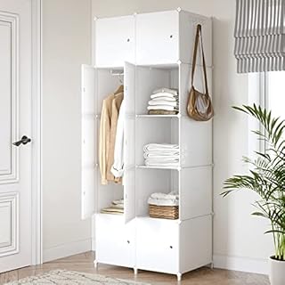 JOISCOPE Portable Wardrobe for Bedroom Foldable Wardrobe With Clothes Hanging Rails, Plastic Combination Armoire Modular 10-Cube Cabinet for Clothes Shoes Toys, White