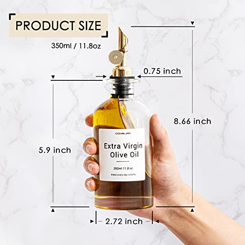Combler Olive Oil Dispenser Bottle For Kitchen, 11.8Oz Coffee Syrup Dispenser For Coffee Bar Accessories, Cooking Oil Dispenser Set Of 2, Glass Bottles W. Automatic Gold Spout & 38Pcs Labels Gifts #TOP2