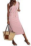 Picture of BLENCOT Women's Summer Bodycon Sundresses Casual Midi Sleeveless V Neck String Side Slit Striped Long Tank Dress Pink Medium
