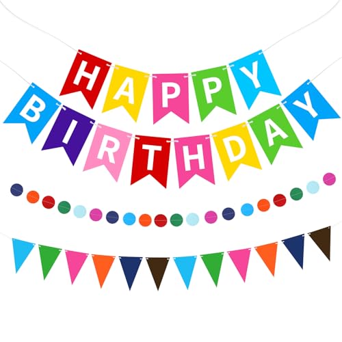 Image of Colorful Happy Birthday Banner Hanging Sign Circle Dot Triangle Bunting