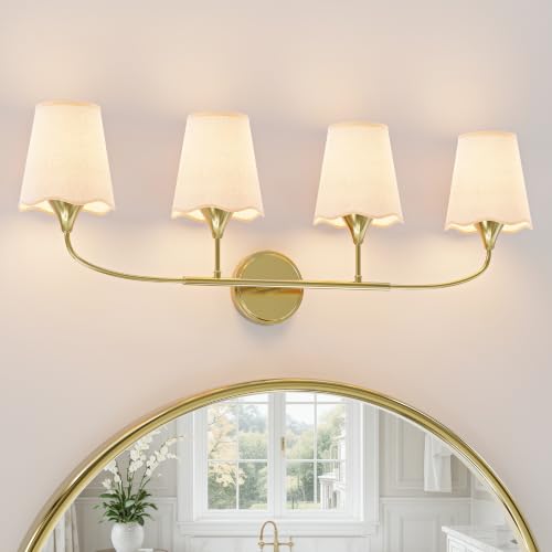 Morauroral Bathroom Light Fixtures Over Mirror, 4 Light Vanity Light for Bathroom, Gold Vanity Light Fixtures with Fabric Linen Shade, E26 Socket Sconce Wall Decor(ETL Listed)