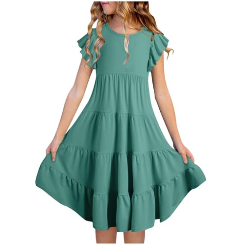 Teen Girls Swing Casual Dress Solid Short Sleeve Ruffle Pleated Flowy Dresses Youth Kids Knee Length Elegant Skirts