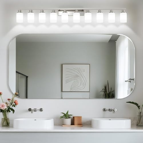Image of 10-Light Bathroom Vanity Light Brushed Nickel 64.5in Vanity Lights | White Frosted Ribbed Glass Shade Modern Bathroom Wall Lights Fixtures over Mirror Wall Sconces Lighting E26 Base