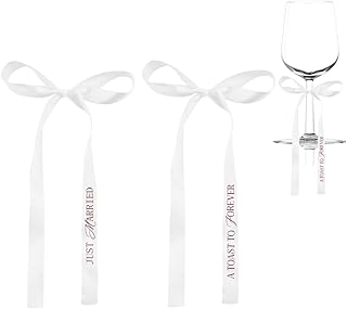 Just Married Wine Ribbons for Wedding Party 2pcs Wedding Anniversary White Ribbons Accessories for Champagne Glass Bridal Bouquets Ribbon for Party Decoration 2pcs Champagne Charm