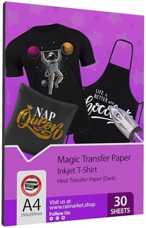 Raimarket Premium Iron on Transfer Paper t-Shirt Printing for Dark Fabrics, A4 30 Sheets, Printable Htv, Iron on Transfers for t Shirts, Best Heat Transfer Paper for Black T-Shirts, Easy to Use