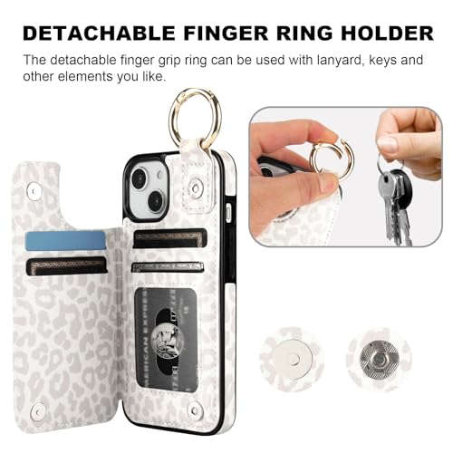 Image of HAOPINSH for iPhone 13 iPhone 14 Wallet Case with Card Holder, White Leopard Cheetah Print Back Flip Folio PU Leather Kickstand Card Slots Case, Finger Grip Ring Double Magnetic Shockproof 6.1 inch