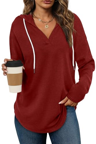 Cuptacc Hoodie Damen Pullover Herbst V Ausschnitt Kapuzenpullover Damen Mit Kordelzug Oberteile Oversized Pulli Wein Rot 3XL 54-56