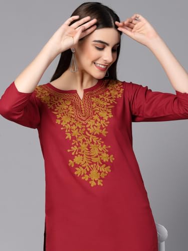 Image of QAZMI Women's Rayon Embroidered Tunic Shirt (Regular Kurti Red