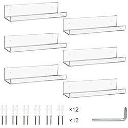 Estanteria Finnby CECOLIC - Juego de 6 estantes flotantes Transparentes de 15 Pulgadas de acrílico para Pared, estantería Invisible para niños montada en la Pared y especiero para Dormitorio/Sala de Estar/Cocina