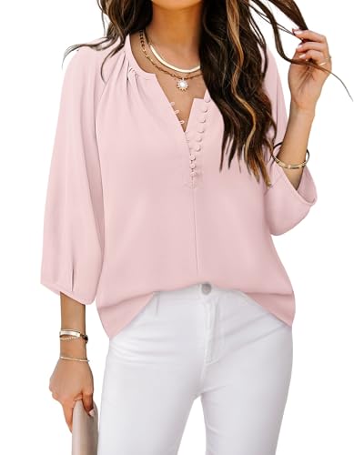 Triratna Pink Blouse for Woman: Elbow Length Sleeve Tops for Women Summer - V Neck Chiffon Shirts Button Up Front - Elegant Dressy Blouses for Ladies Business Casual Office Work Meeting Formal XL